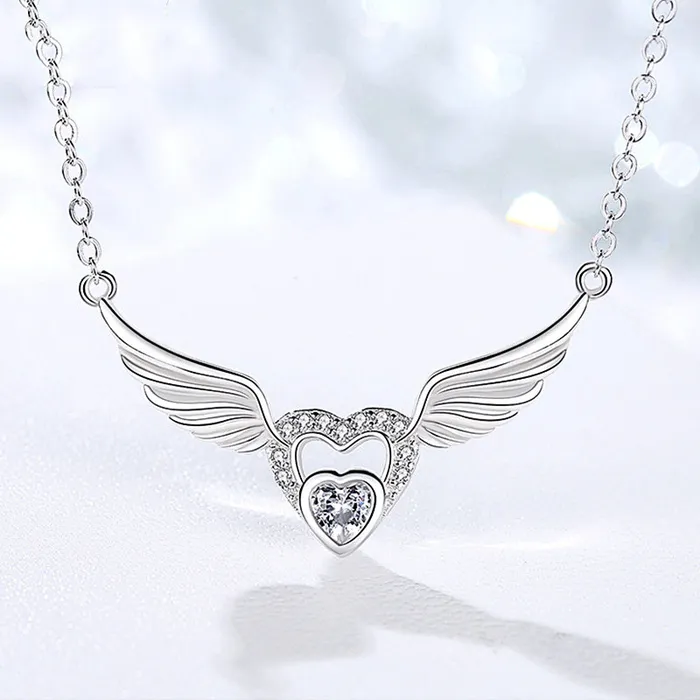 Angel Wings White Zircon Pendant Silver Necklace Mystic Flavia Necklaces