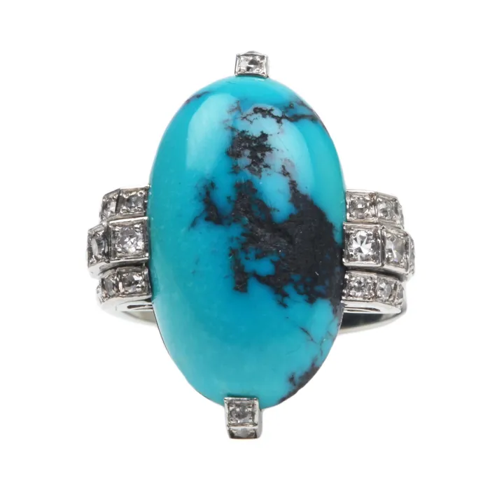 Art Deco Platinum Turquoise Ring Bell Bird Antiques Rings