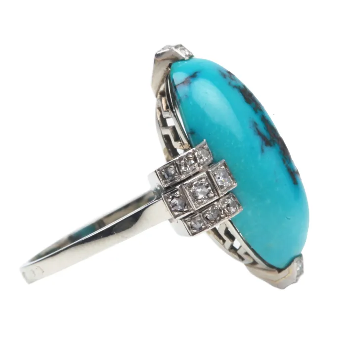 Art Deco Platinum Turquoise Ring Bell Bird Antiques Rings