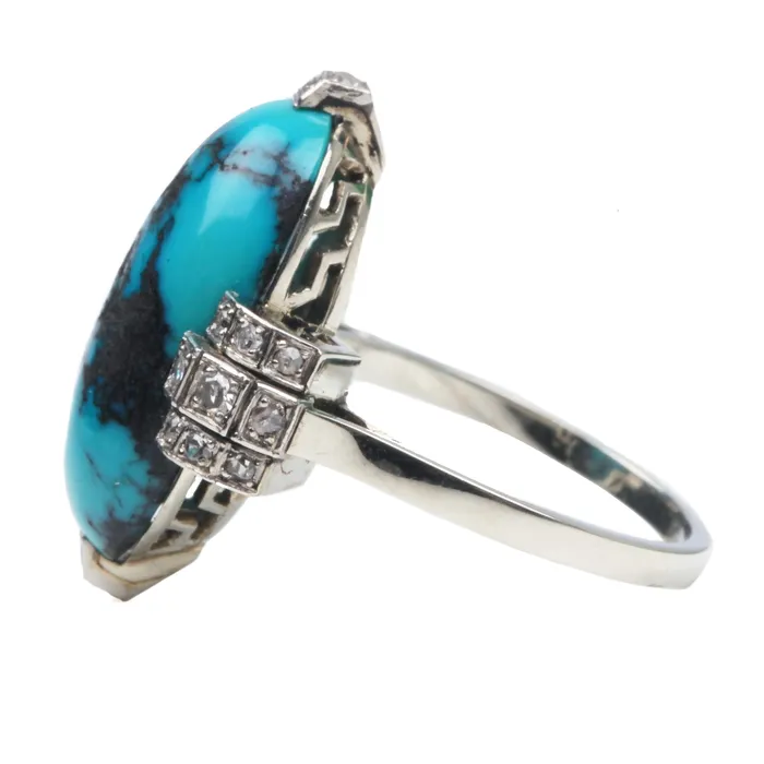 Art Deco Platinum Turquoise Ring Bell Bird Antiques Rings