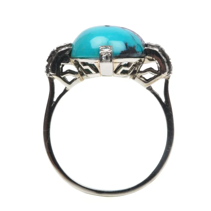 Art Deco Platinum Turquoise Ring Bell Bird Antiques Rings