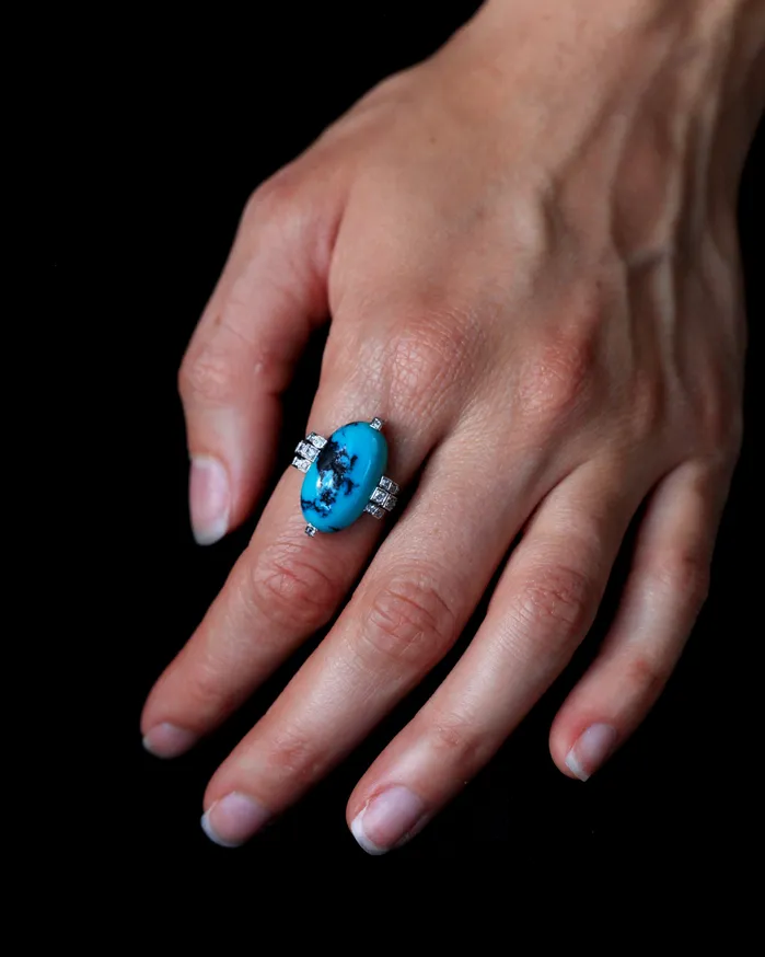 Art Deco Platinum Turquoise Ring Bell Bird Antiques Rings