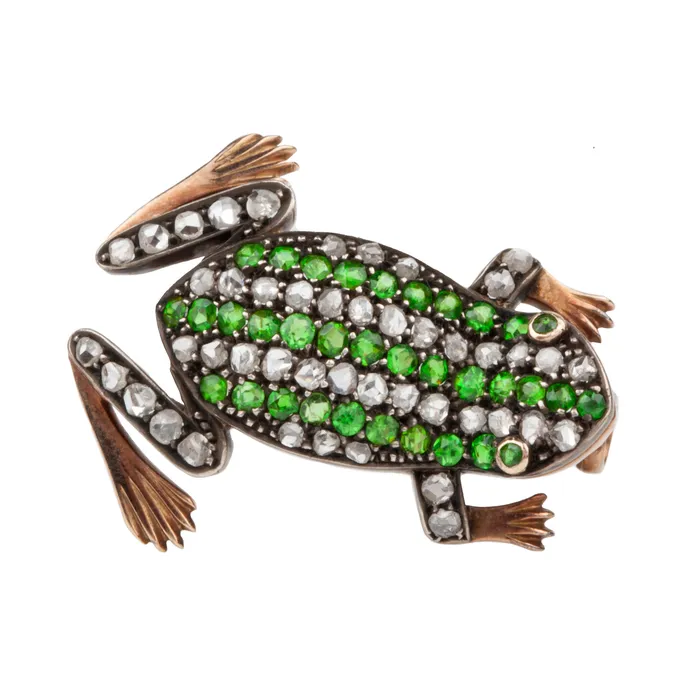 Necklaces Bell Bird Antiques Victorian Diamond and Demantoid Garnet Frog Brooch