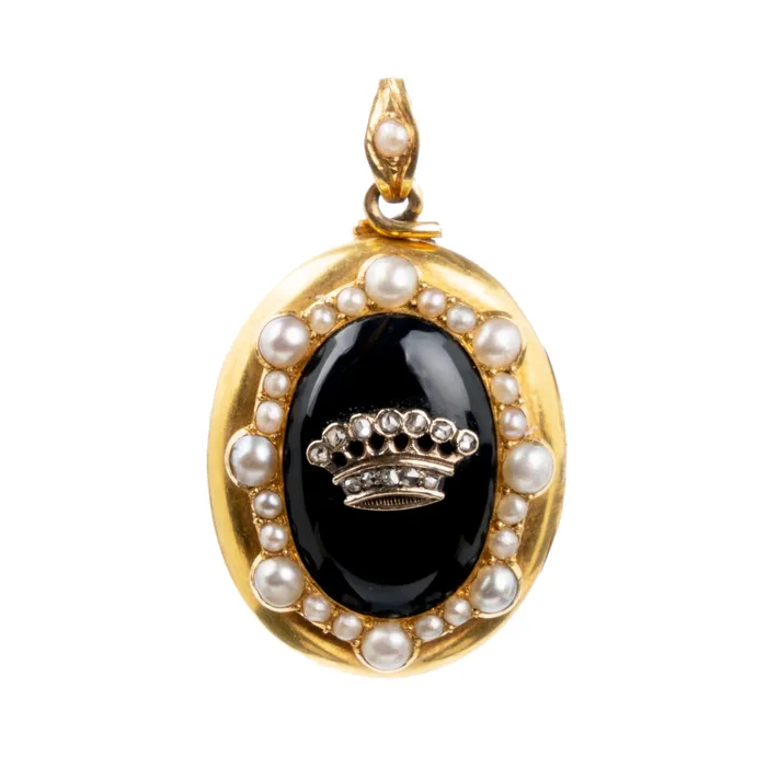 Necklaces Victorian Era Gold Enamel Diamond and Pearl Crown Locket Bell Bird Antiques