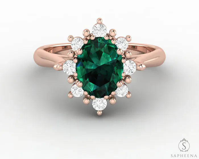 Sapheena Jewelry Rings Bridget 10 Ct Oval Cut Halo Green Emerald Engagement Ring