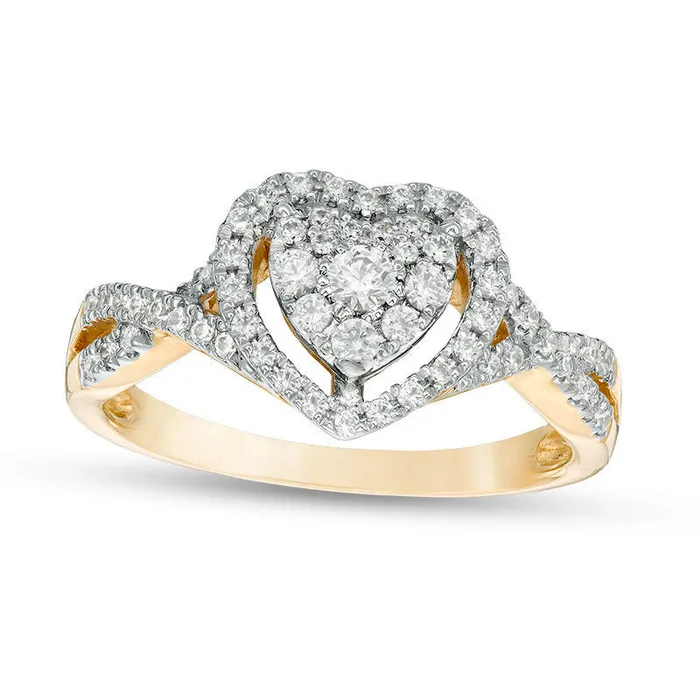 038 CT TW Natural Diamond Double Heart Frame Twist Engagement Ring in Solid 10K Yellow Gold Goldia Rings 038 CT TW Natural Diamond Double Heart Frame Twist Engagement Ring in Solid 10K Yellow Gold Goldia Rings