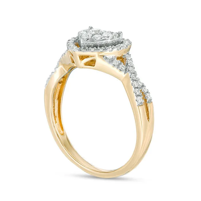 038 CT TW Natural Diamond Double Heart Frame Twist Engagement Ring in Solid 10K Yellow Gold Goldia Rings