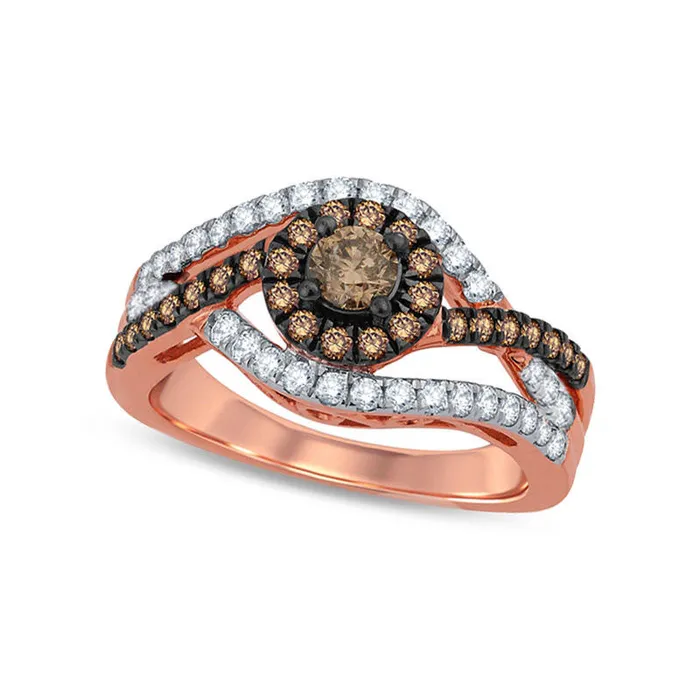 10 CT TW Champagne and White Natural Diamond Frame Layered Bypass Ring in Solid 10K Rose Gold Goldia Rings 10 CT TW Champagne and White Natural Diamond Frame Layered Bypass Ring in Solid 10K Rose Gold Goldia Rings