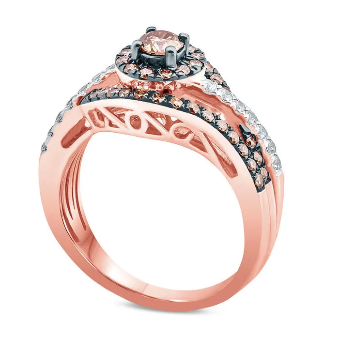 10 CT TW Champagne and White Natural Diamond Frame Layered Bypass Ring in Solid 10K Rose Gold Goldia Rings 10 CT TW Champagne and White Natural Diamond Frame Layered Bypass Ring in Solid 10K Rose Gold Goldia Rings