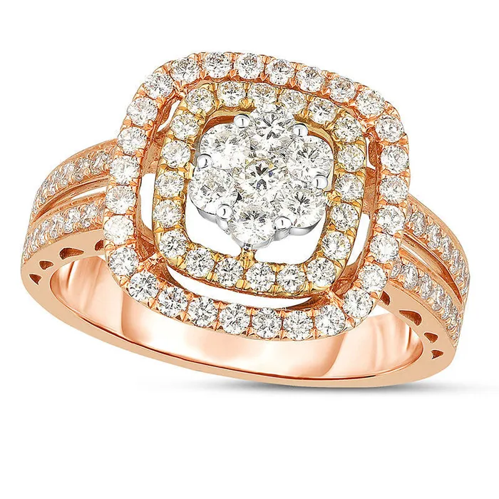 10 CT TW Composite Natural Diamond Double Cushion Frame Ring in Solid 14K TriTone Gold Goldia Rings 10 CT TW Composite Natural Diamond Double Cushion Frame Ring in Solid 14K TriTone Gold Goldia Rings