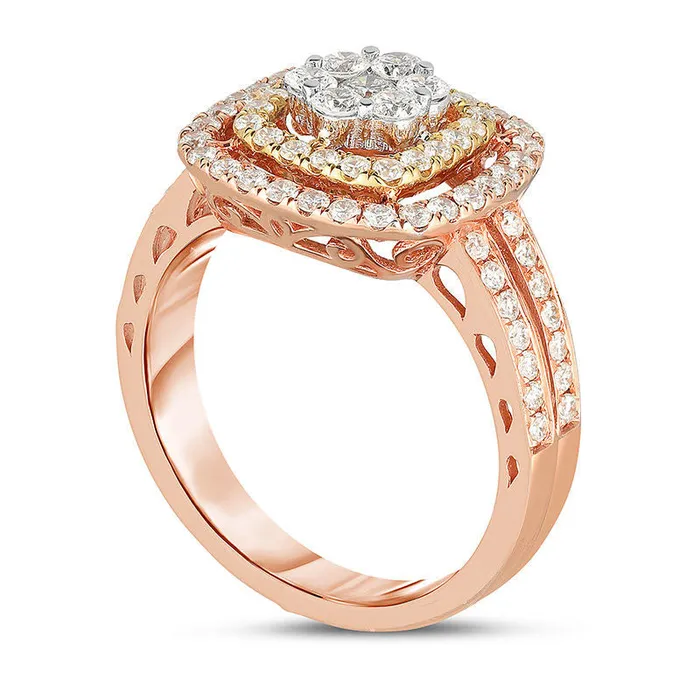 10 CT TW Composite Natural Diamond Double Cushion Frame Ring in Solid 14K TriTone Gold Goldia Rings 10 CT TW Composite Natural Diamond Double Cushion Frame Ring in Solid 14K TriTone Gold Goldia Rings