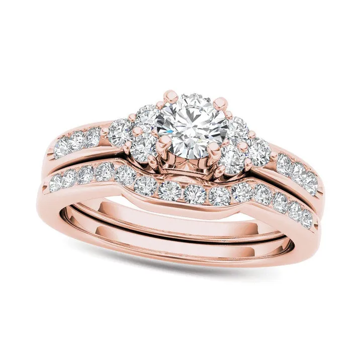 10 CT TW Natural Diamond TriSides Bridal Engagement Ring Set in Solid 14K Rose Gold Goldia Rings 10 CT TW Natural Diamond TriSides Bridal Engagement Ring Set in Solid 14K Rose Gold Goldia Rings