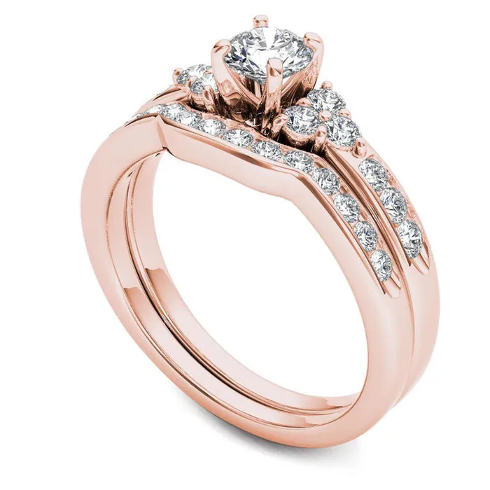 10 CT TW Natural Diamond TriSides Bridal Engagement Ring Set in Solid 14K Rose Gold Goldia Rings 10 CT TW Natural Diamond TriSides Bridal Engagement Ring Set in Solid 14K Rose Gold Goldia Rings