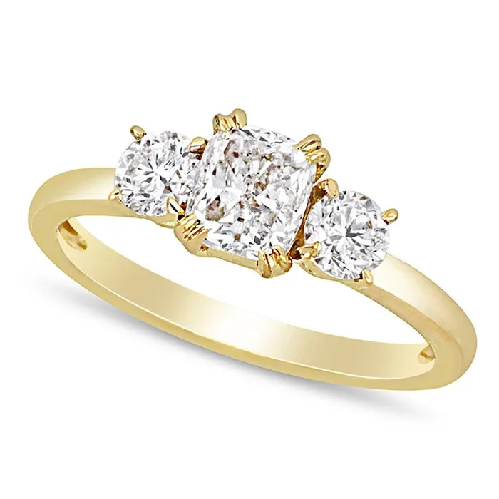15 CT TW CushionCut Natural Diamond Three Stone Engagement Ring in Solid 14K Gold Goldia Rings 15 CT TW CushionCut Natural Diamond Three Stone Engagement Ring in Solid 14K Gold Goldia Rings
