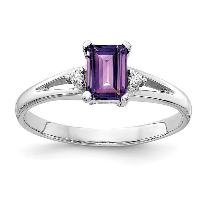 14k White Gold 6x4mm Emerald Cut Amethyst VS Diamond ring Goldia Rings