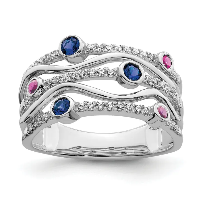14K White Gold Lab Grown Diamond and Lab Created Blue and Pink Sapphire Wavy Ring Goldia Rings 14K White Gold Lab Grown Diamond and Lab Created Blue and Pink Sapphire Wavy Ring Goldia Rings