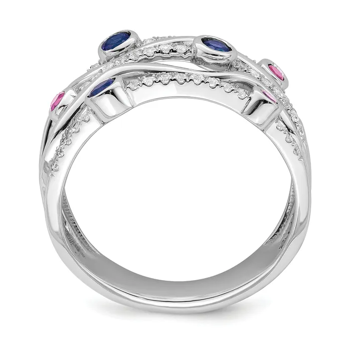 14K White Gold Lab Grown Diamond and Lab Created Blue and Pink Sapphire Wavy Ring Goldia Rings