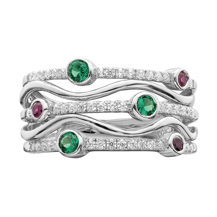 14K White Gold Lab Grown Diamond and Lab Created Blue and Pink Sapphire Wavy Ring Goldia Rings