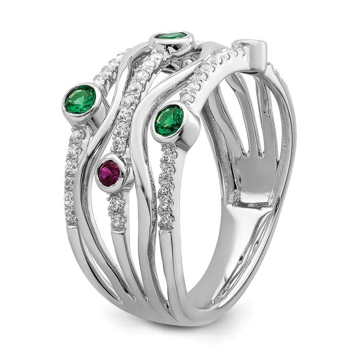 14K White Gold Lab Grown Diamond and Lab Created Blue and Pink Sapphire Wavy Ring Goldia Rings