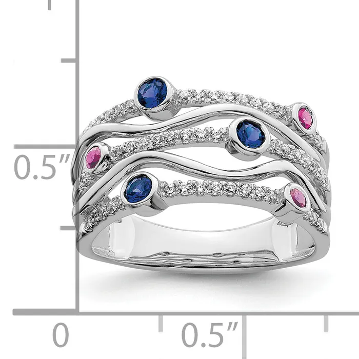 14K White Gold Lab Grown Diamond and Lab Created Blue and Pink Sapphire Wavy Ring Goldia Rings