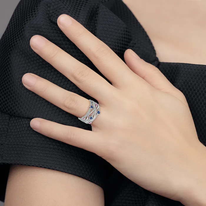 14K White Gold Lab Grown Diamond and Lab Created Blue and Pink Sapphire Wavy Ring Goldia Rings