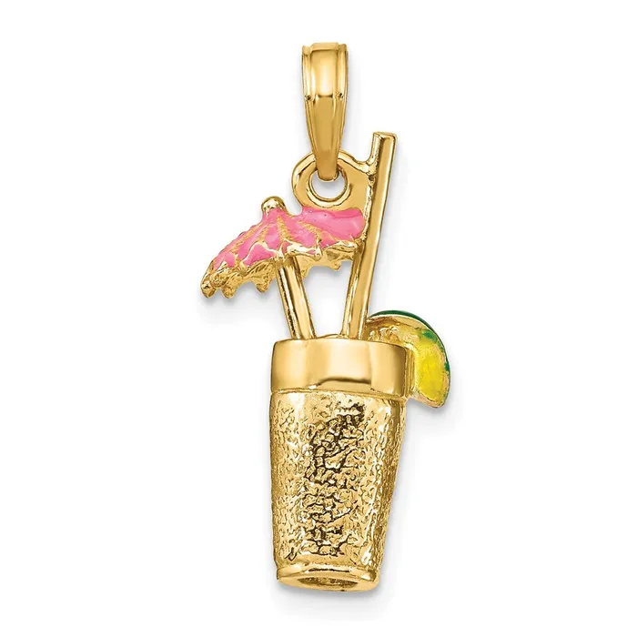 14k Yellow Gold 3D Cocktail Drink wPink Enamel Umbrella Charm Goldia Charm Necklaces