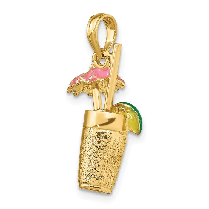14k Yellow Gold 3D Cocktail Drink wPink Enamel Umbrella Charm Goldia Charm Necklaces