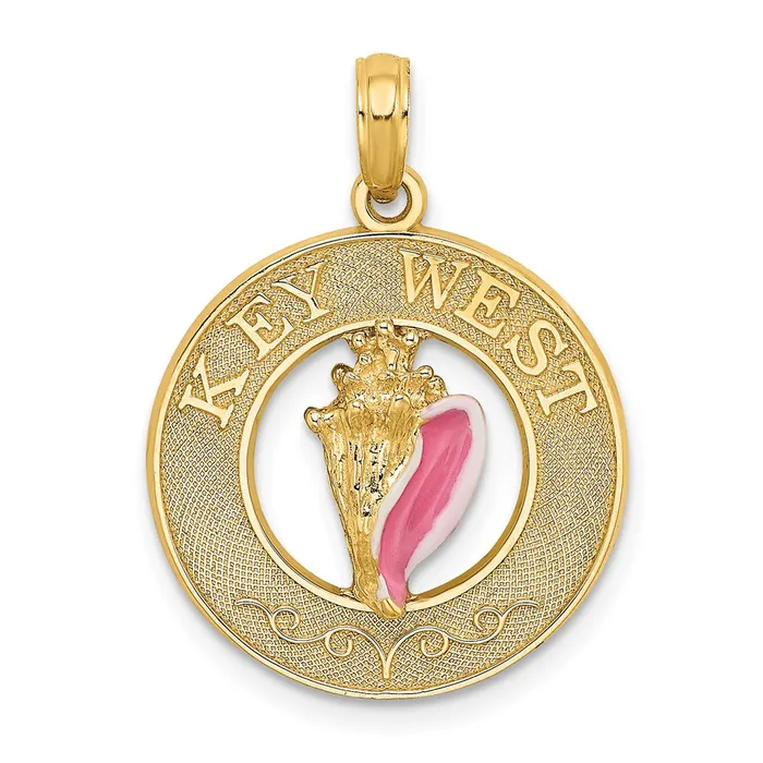 14k Yellow Gold Enamel Conch Shell w KEY WEST Circle Charm Goldia Charm Necklaces 14k Yellow Gold Enamel Conch Shell w KEY WEST Circle Charm Goldia Charm Necklaces