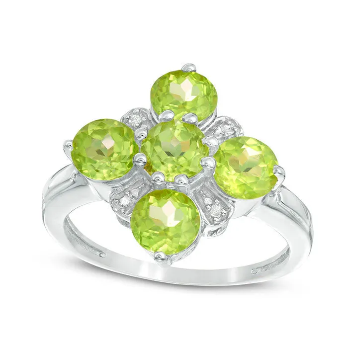 50mm Peridot and Natural Diamond Accent Five Stone Flower Ring in Sterling Silver Goldia Rings 50mm Peridot and Natural Diamond Accent Five Stone Flower Ring in Sterling Silver Goldia Rings