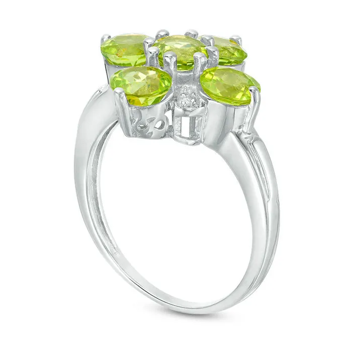 50mm Peridot and Natural Diamond Accent Five Stone Flower Ring in Sterling Silver Goldia Rings 50mm Peridot and Natural Diamond Accent Five Stone Flower Ring in Sterling Silver Goldia Rings