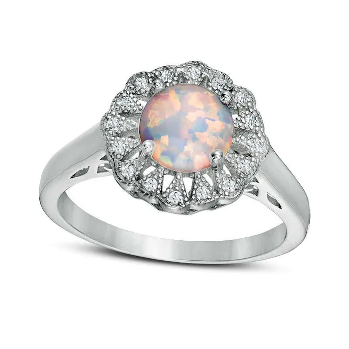 70mm LabCreated Opal and White Topaz Flower Frame Ring in Sterling Silver Goldia Rings 70mm LabCreated Opal and White Topaz Flower Frame Ring in Sterling Silver Goldia Rings