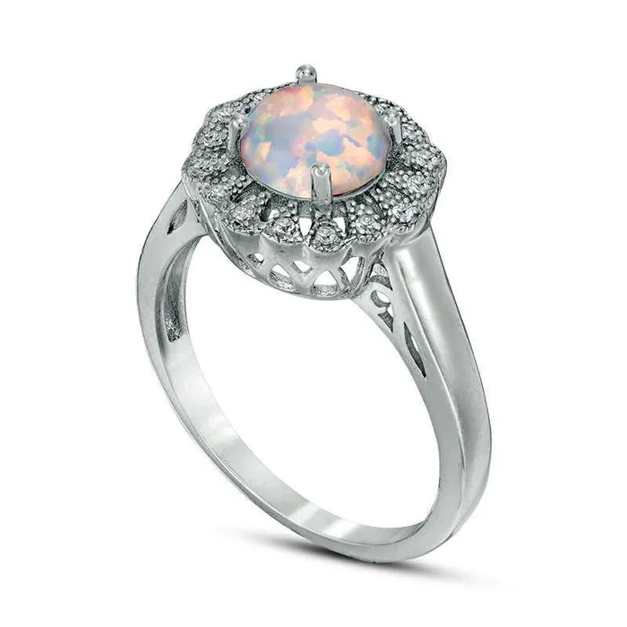 70mm LabCreated Opal and White Topaz Flower Frame Ring in Sterling Silver Goldia Rings 70mm LabCreated Opal and White Topaz Flower Frame Ring in Sterling Silver Goldia Rings