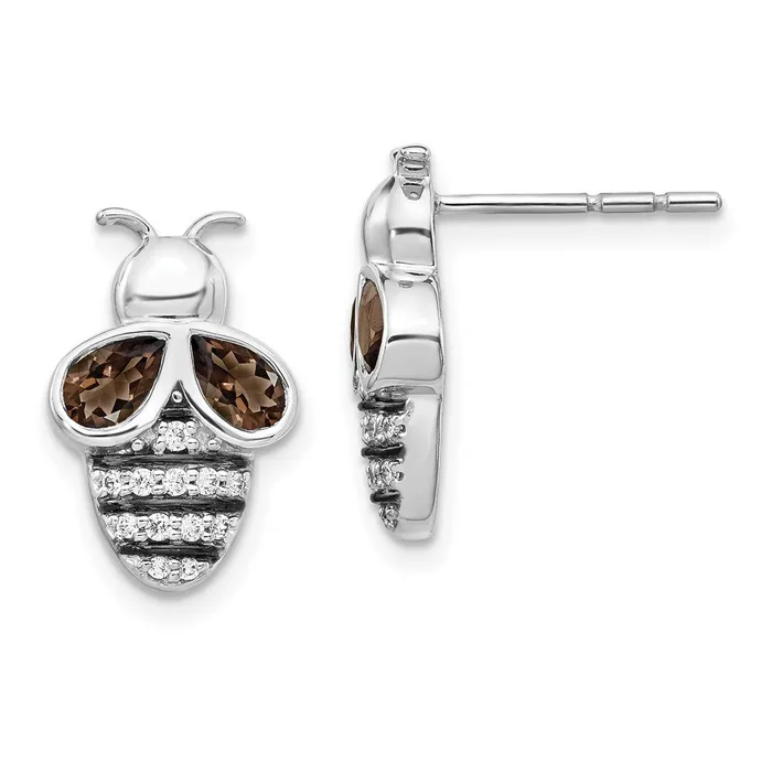 Earrings Goldia Solid 14k White Gold Simulated CZ and SmoKey Quartz Bee Earrings