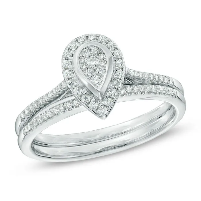 Goldiacom Rings 13 CT TW Diamond PearShaped Composite Halo Bridal Engagement Ring Set in 14K White Gold