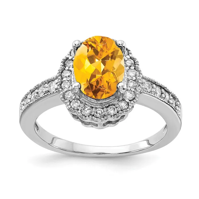 Goldiacom Rings 14k White Gold 8x6mm Oval Citrine VS Real Diamond ring