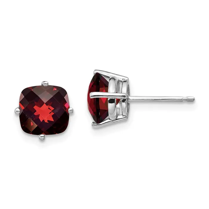 Goldia Earrings 14k White Gold 7x7mm Cushion Garnet Checker Earring