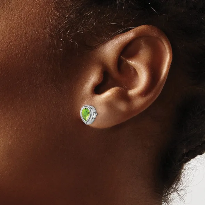 Goldia Earrings Solid 14k White Gold Pear Simulated Peridot and CZ Earrings