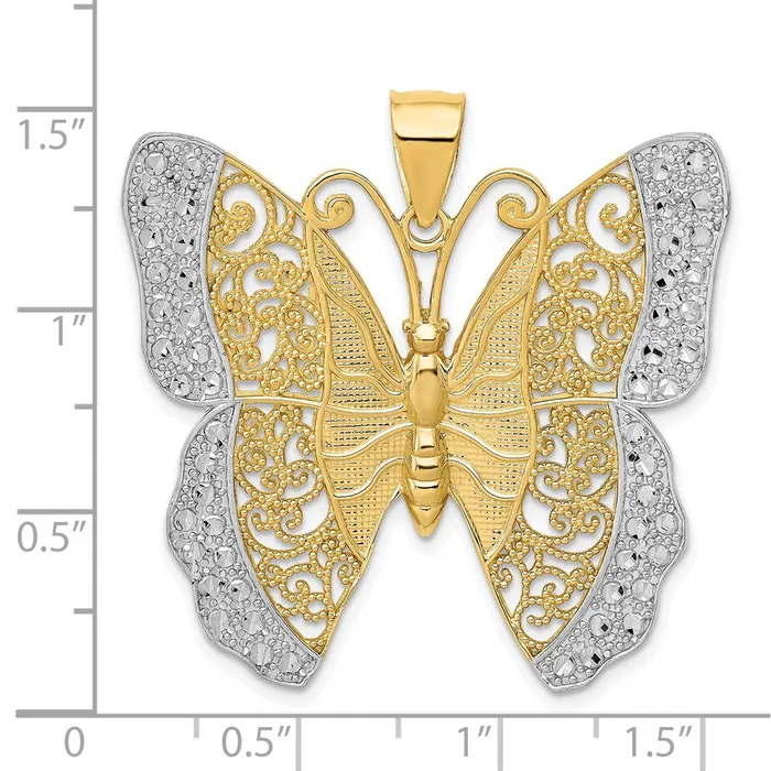 Goldia Necklaces 14k Yellow Rhodium Gold w Rhodium Solid Polished Diamondcut Filigree Butterfly Pendant
