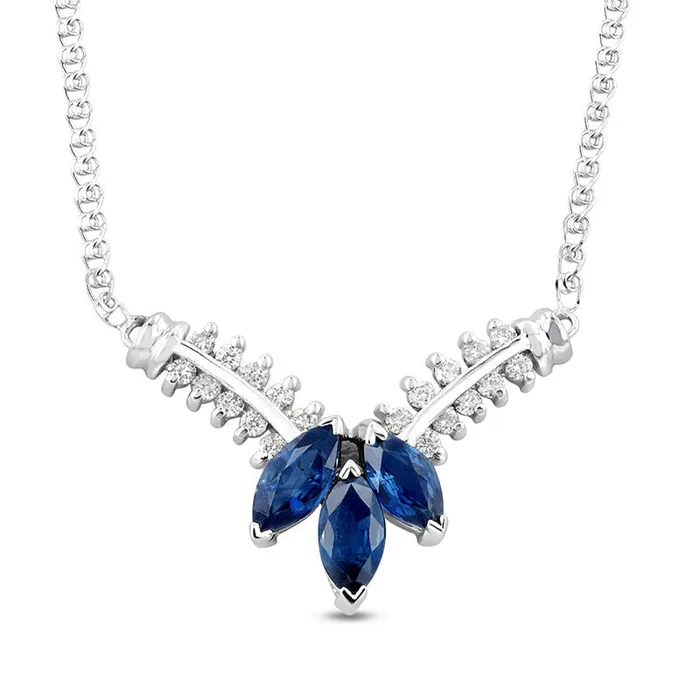 Goldia Necklaces Marquise Blue Sapphire and 025 CT TW Natural Diamond Three Stone Floral V Necklace in 14K White Gold 1725 Goldia Necklaces Marquise Blue Sapphire and 025 CT TW Natural Diamond Three Stone Floral V Necklace in 14K White Gold 1725