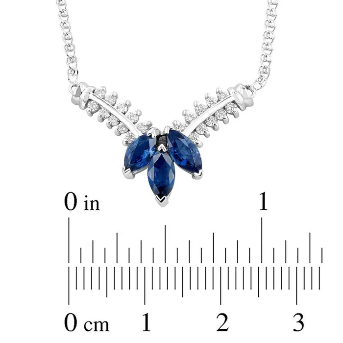 Goldia Necklaces Marquise Blue Sapphire and 025 CT TW Natural Diamond Three Stone Floral V Necklace in 14K White Gold 1725 Goldia Necklaces Marquise Blue Sapphire and 025 CT TW Natural Diamond Three Stone Floral V Necklace in 14K White Gold 1725