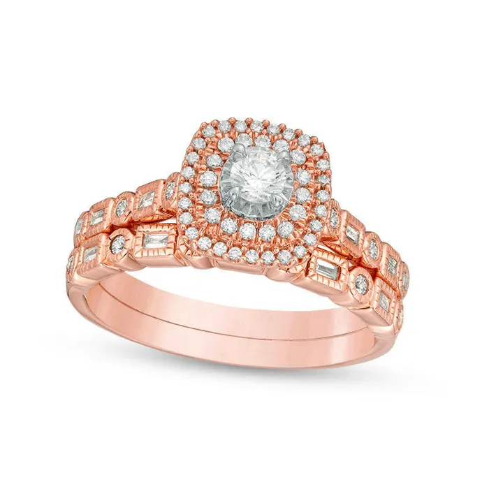 Goldia Rings 050 CT TW Natural Diamond Double Cushion Frame Antique VintageStyle Art Deco Bridal Engagement Ring Set in Solid 10K Rose Gold Goldia Rings 050 CT TW Natural Diamond Double Cushion Frame Antique VintageStyle Art Deco Bridal Engagement Ring Set in Solid 10K Rose Gold