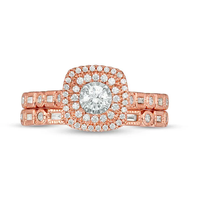 Goldia Rings 050 CT TW Natural Diamond Double Cushion Frame Antique VintageStyle Art Deco Bridal Engagement Ring Set in Solid 10K Rose Gold Goldia Rings 050 CT TW Natural Diamond Double Cushion Frame Antique VintageStyle Art Deco Bridal Engagement Ring Set in Solid 10K Rose Gold