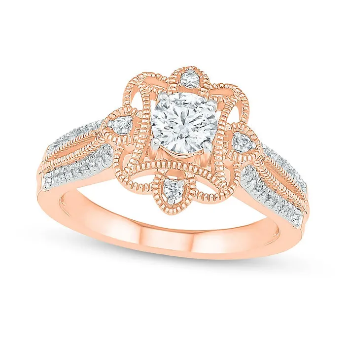 Goldia Rings 063 CT TW Natural Diamond Flower Frame Antique VintageStyle Engagement Ring in Solid 10K Rose Gold