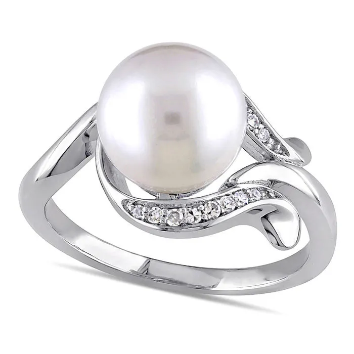 Goldia Rings 90 95mm Cultured Freshwater Pearl and 007 CT TW Natural Diamond Loop Ring in Solid 10K White Gold Goldia Rings 90 95mm Cultured Freshwater Pearl and 007 CT TW Natural Diamond Loop Ring in Solid 10K White Gold