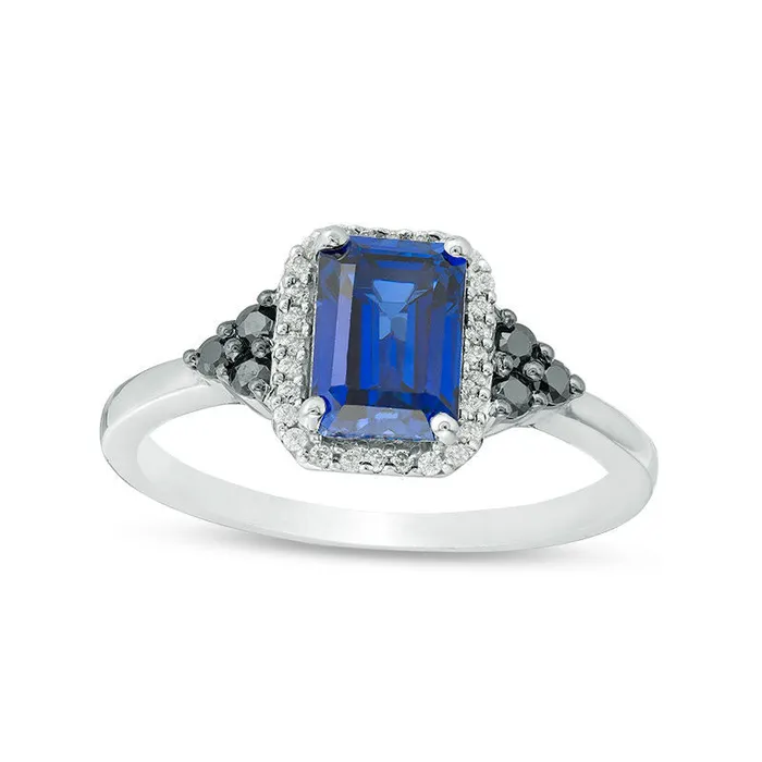Goldia Rings LabCreated Blue Sapphire and 020 CT TW Enhanced Black and White Diamond Frame TriSides Ring in Sterling Silver Goldia Rings LabCreated Blue Sapphire and 020 CT TW Enhanced Black and White Diamond Frame TriSides Ring in Sterling Silver