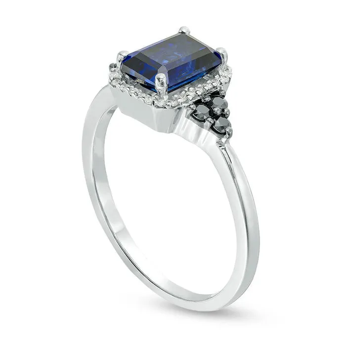 Goldia Rings LabCreated Blue Sapphire and 020 CT TW Enhanced Black and White Diamond Frame TriSides Ring in Sterling Silver Goldia Rings LabCreated Blue Sapphire and 020 CT TW Enhanced Black and White Diamond Frame TriSides Ring in Sterling Silver