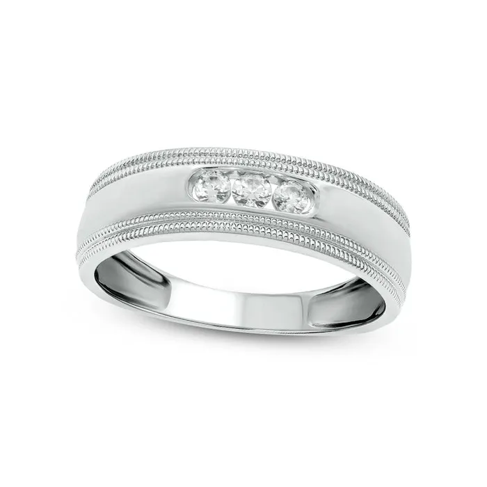 Goldia Rings Mens 020 CT TW Natural Diamond Three Stone Milgrain Wedding Band in Solid 14K White Gold Goldia Rings Mens 020 CT TW Natural Diamond Three Stone Milgrain Wedding Band in Solid 14K White Gold