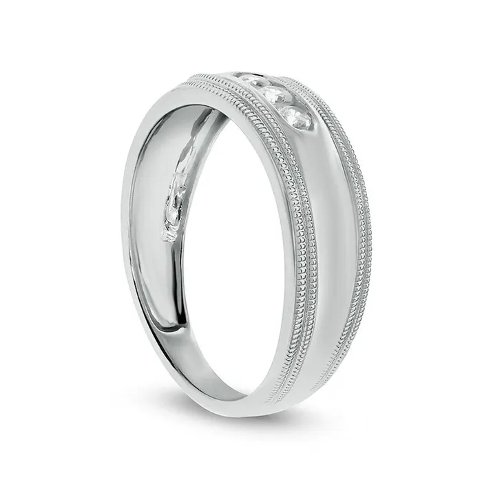 Goldia Rings Mens 020 CT TW Natural Diamond Three Stone Milgrain Wedding Band in Solid 14K White Gold Goldia Rings Mens 020 CT TW Natural Diamond Three Stone Milgrain Wedding Band in Solid 14K White Gold