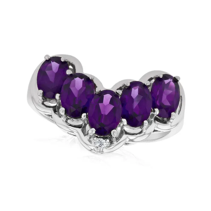 Goldia Rings Oval Amethyst and Natural Diamond Accent Five Stone Chevron Ring in Solid 14K White Gold Goldia Rings Oval Amethyst and Natural Diamond Accent Five Stone Chevron Ring in Solid 14K White Gold