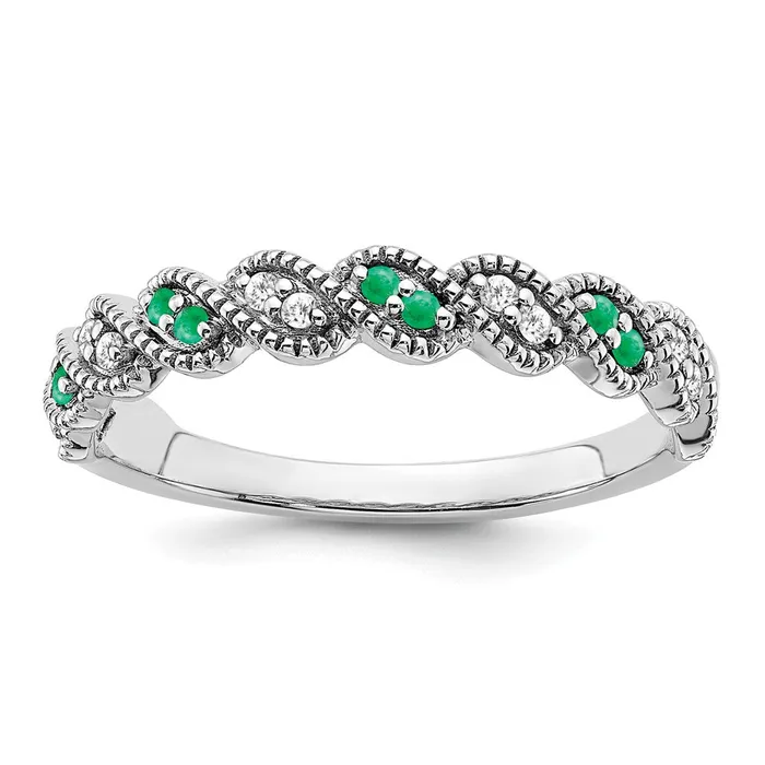 Goldia Solid 14k White Gold Simulated Emerald and CZ Twist Band Rings